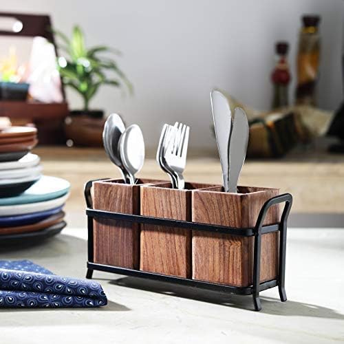 Wooden Cutlery Holder/Cutlery Rack for Dining Table with 3 Wooden jar and one Wrought Iron Stand