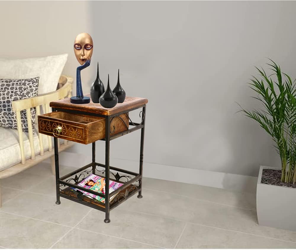 Wood and Iron Stool with Drawer for Living Room and Bed Room/Bar Stool/Wooden Stool/Coffee Table/End Table/Corner Stool 12 Inch
