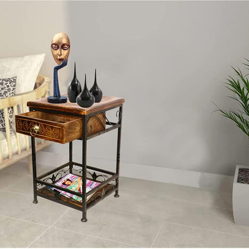 Wood and Iron Stool with Drawer for Living Room and Bed Room/Bar Stool/Wooden Stool/Coffee Table/End Table/Corner Stool 12 Inch