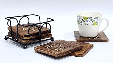Store Fancy Mango Wooden Tea Coffee Coasters/Coaster Set/Coasters Set of 6 with Stand Wrought Iron Holder