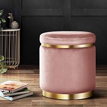 Store Velvet Luxurious Sitting Stool for Bedroom & Living Room, Sofa Side Stool, Wooden Small Ottoman Footrest Stool, Makeup Chair (Pink)