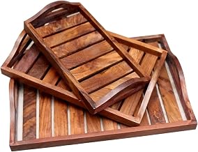 Store Wooden Serving Trays Modern Style Round Handle Large, Medium and Small for Food, Wooden Trays for Breakfast - Natural Wood and Brown