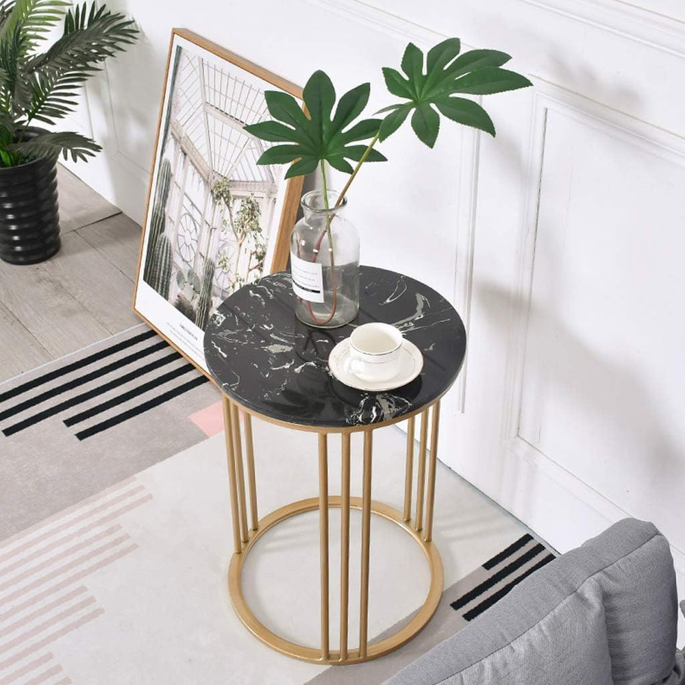 Home Décor Furniture Modern Living Room Sofa Side End Table Marble Effect Small Coffee Tables, Round Marble Tabletop & Gold Metal Base, 40x55cm Living Room or Lounge