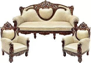 Store Wooden Solid Wood Carving 5 Seater Sofa Set with Cream Cushions Sofa for Office & Lounge (5 Seater Sofa 3+1+1, Teak Finish)