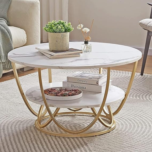 Coffee Table with Marble-Like Top Finish, Stylish 2-Tier Design for Modern Living Room, Small Space Accent Table, Home Decor Use While Maintaining Its Stylish Appeal White