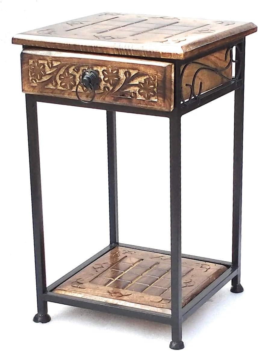 End Table/Cup Stool/Wooden Coffee Table/Wood End Table/Corner Table with Drawer Wooden & Wrought Iron