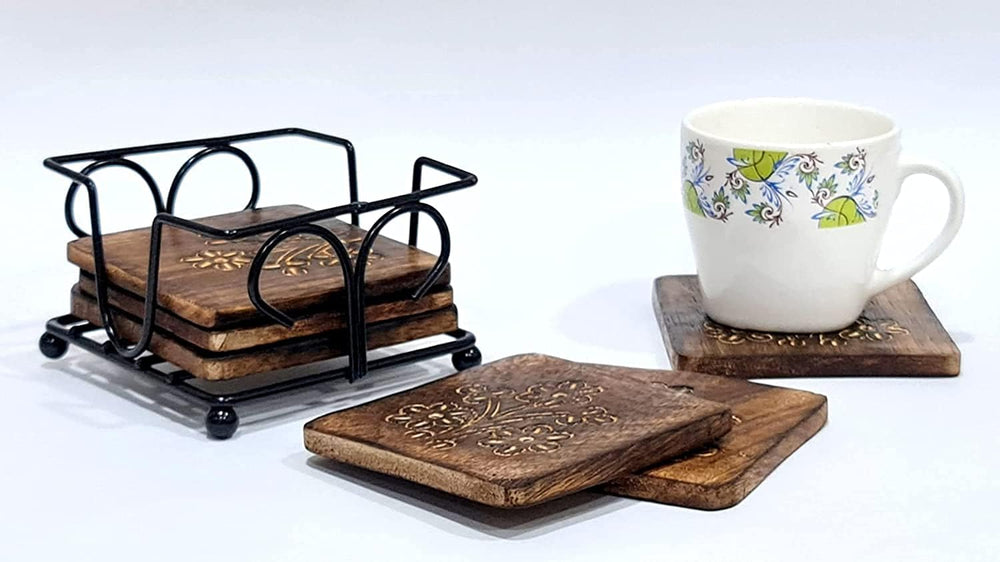 Mango Wooden Round Coasters Set with Wrought Iron Holder