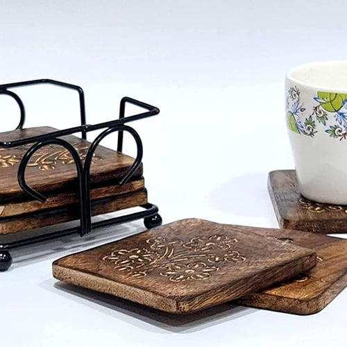 Mango Wooden Round Coasters Set with Wrought Iron Holder