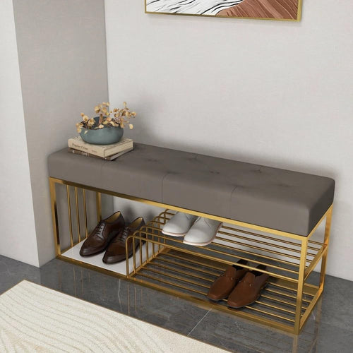 Modern Entryway Bench with Shoe Storage Rack, Red Velvet Cushion, Gold Metal Frame
