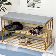 Store Shoe Rack with Velvet Sponge Cushion, Portable Shoe Changing Stool with Iron Frame, Multi-Functional Living Room Sofa Stool with Storage (Grey)