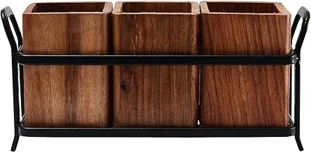 Store Wooden Cutlery Holder/Cutlery Rack for Dining Table with 3 Wooden jar and one Wrought Iron Stand (Black and Brown)