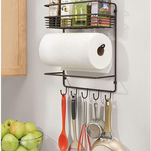 Urban Art Store Iron Wall Mount Paper Towel Holder with Storage Shelf and Hooks for Kitchen, Laundry, Pantry, & Bathroom | Black