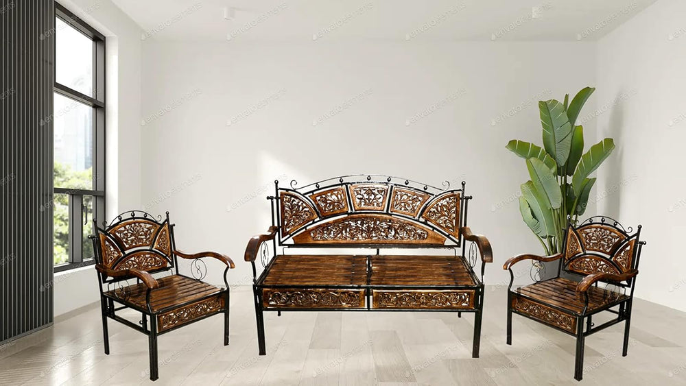 Wood & Wrought Iron Sofa Set 4 Seater for Livingroom Bedroom Office