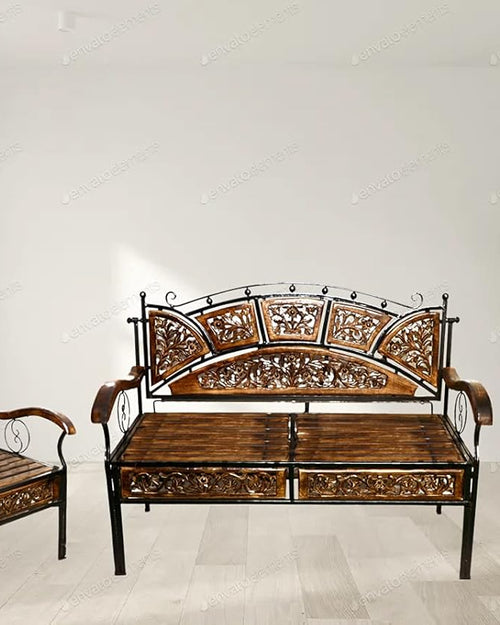 Wood & Wrought Iron Sofa Set 4 Seater for Livingroom Bedroom Office