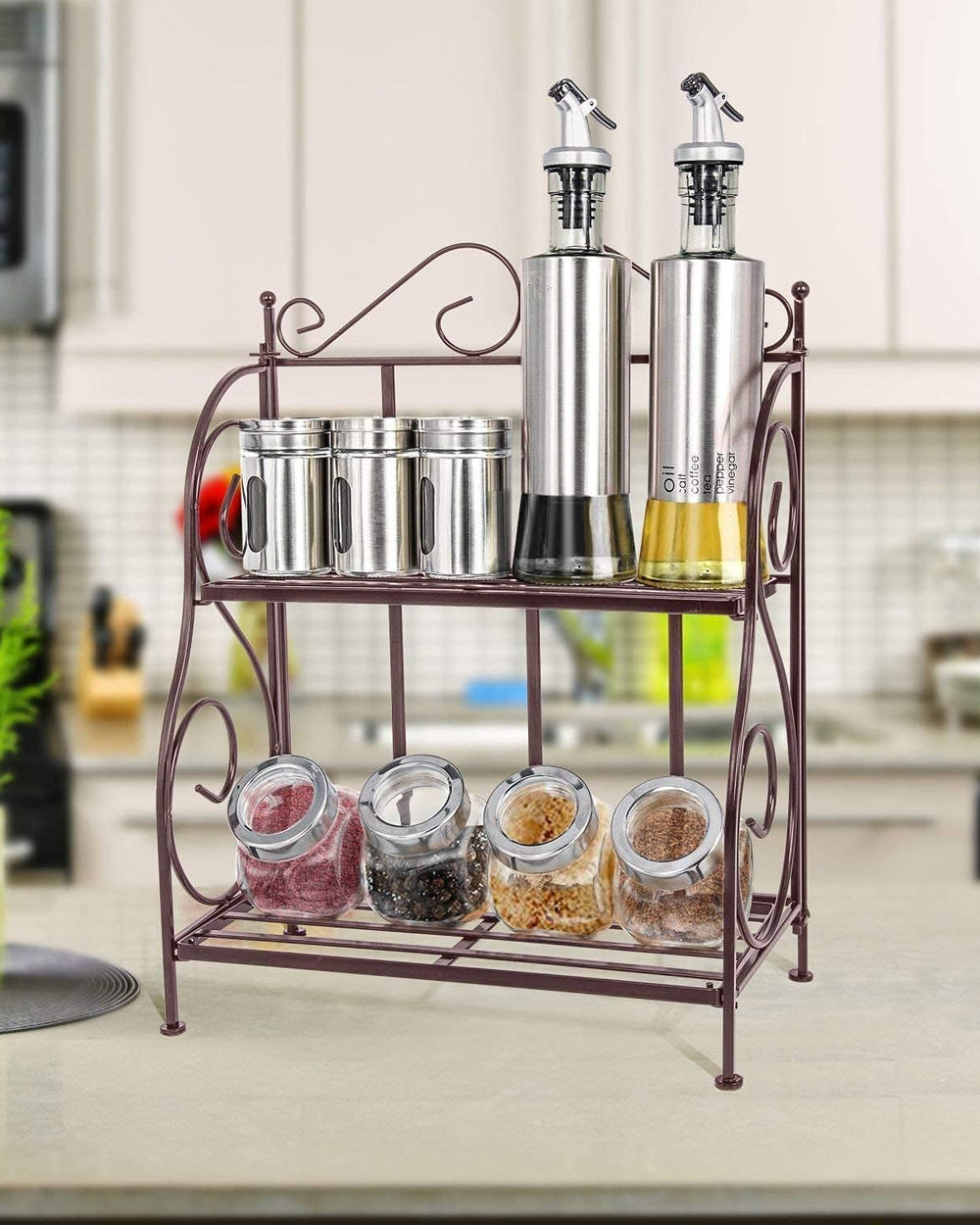 2-Tier Foldable Wrought and Cast Iron Spice Shelf Rack Kitchen Bathroom Counter top Storage Organizer