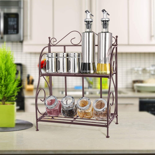 2-Tier Foldable Wrought and Cast Iron Spice Shelf Rack Kitchen Bathroom Counter top Storage Organizer