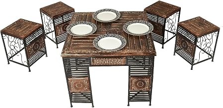Store Wood & Iron Coffee Table Set 4 Stool+ Centre Table Nesting Table for Living Room with 4 Stools for Home Office Room