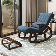 Store Wooden Rocking Chair Ergonomic Relaxing Chair Armchair Swing Chair Modern Cushioned Rocking Chair for Living Room Office with Foot Stool (Blue, LxWxH- 89x125x67)