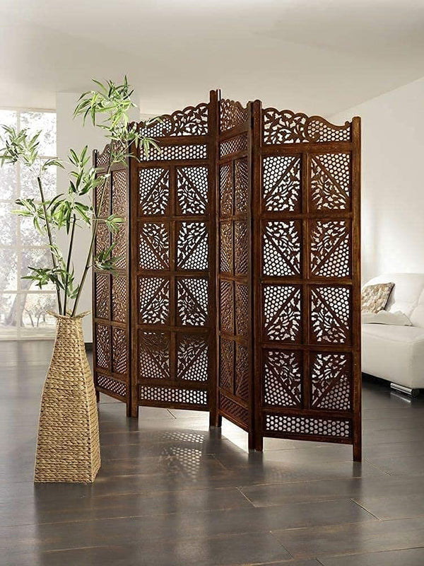 UA URBAN ART Wooden Room Partition Divider Screen – 4 Panel Traditional Handicraft Room Divider (Brown, 185 cm Height)