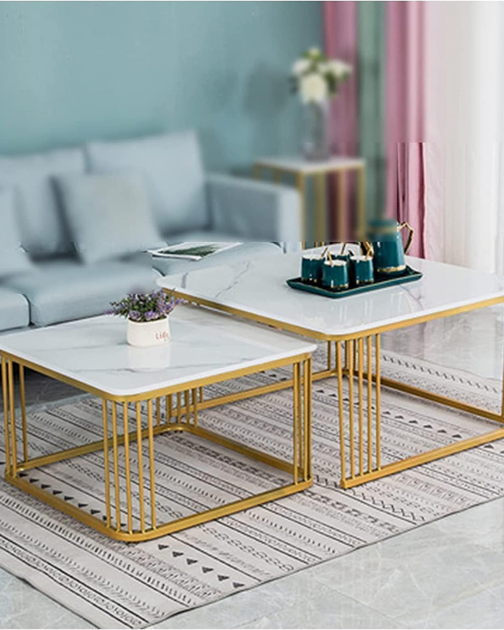 Square Coffee Tables Simple Modern Center Tables for Living Room Home Office Easy Assembly Wood Top with Marble Finish Tables