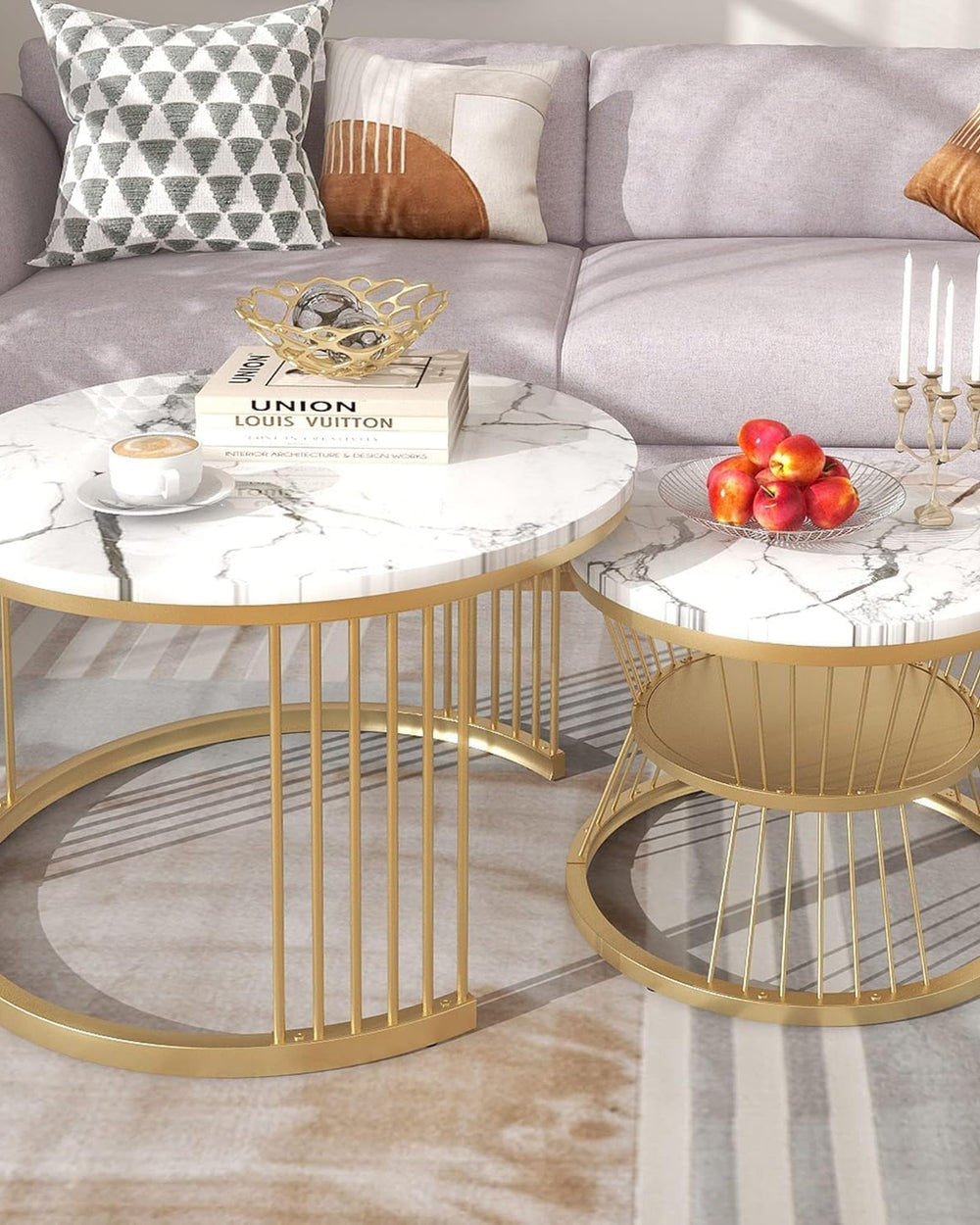 Marble Effect Table Set of 2 Coffee Tables with Metal Frame Design Side Tables Table Combination Modern Sofa Table Coffee Table Bedside Table for Living Room Balcony Bedroom