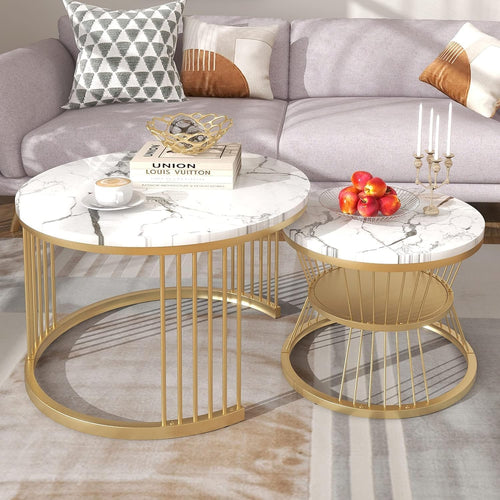 Marble Effect Table Set of 2 Coffee Tables with Metal Frame Design Side Tables Table Combination Modern Sofa Table Coffee Table Bedside Table for Living Room Balcony Bedroom