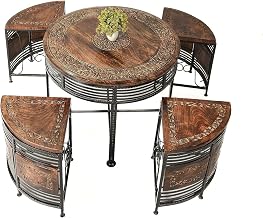 Store Wood & Iron Coffee Table Set Centre Table with 4 Stools for Home Office Livingroom
