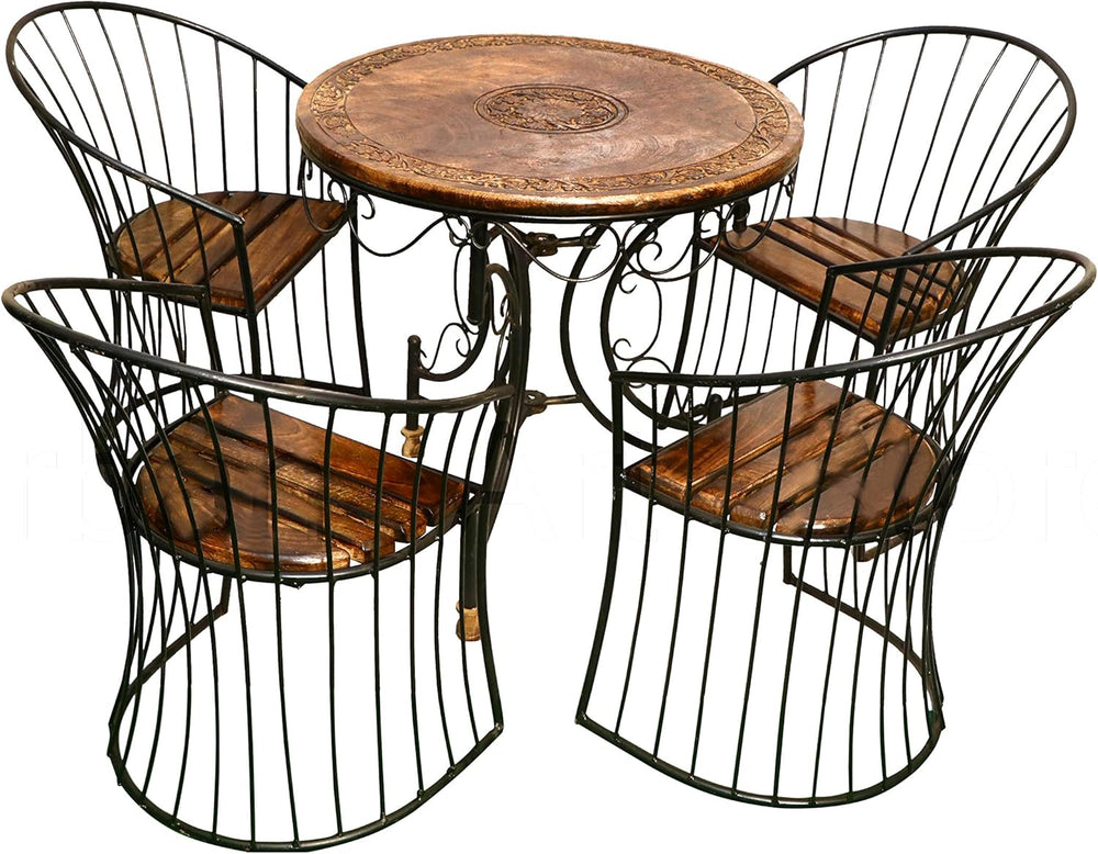 Wood & Wrought Iron Patio Furniture Set Garden & Outdoor/Indoor Furniture (Set Of 5) - Brown & Black - 80 Cm