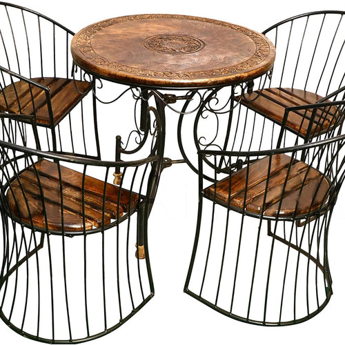 Wood & Wrought Iron Patio Furniture Set Garden & Outdoor/Indoor Furniture (Set Of 5) - Brown & Black - 80 Cm