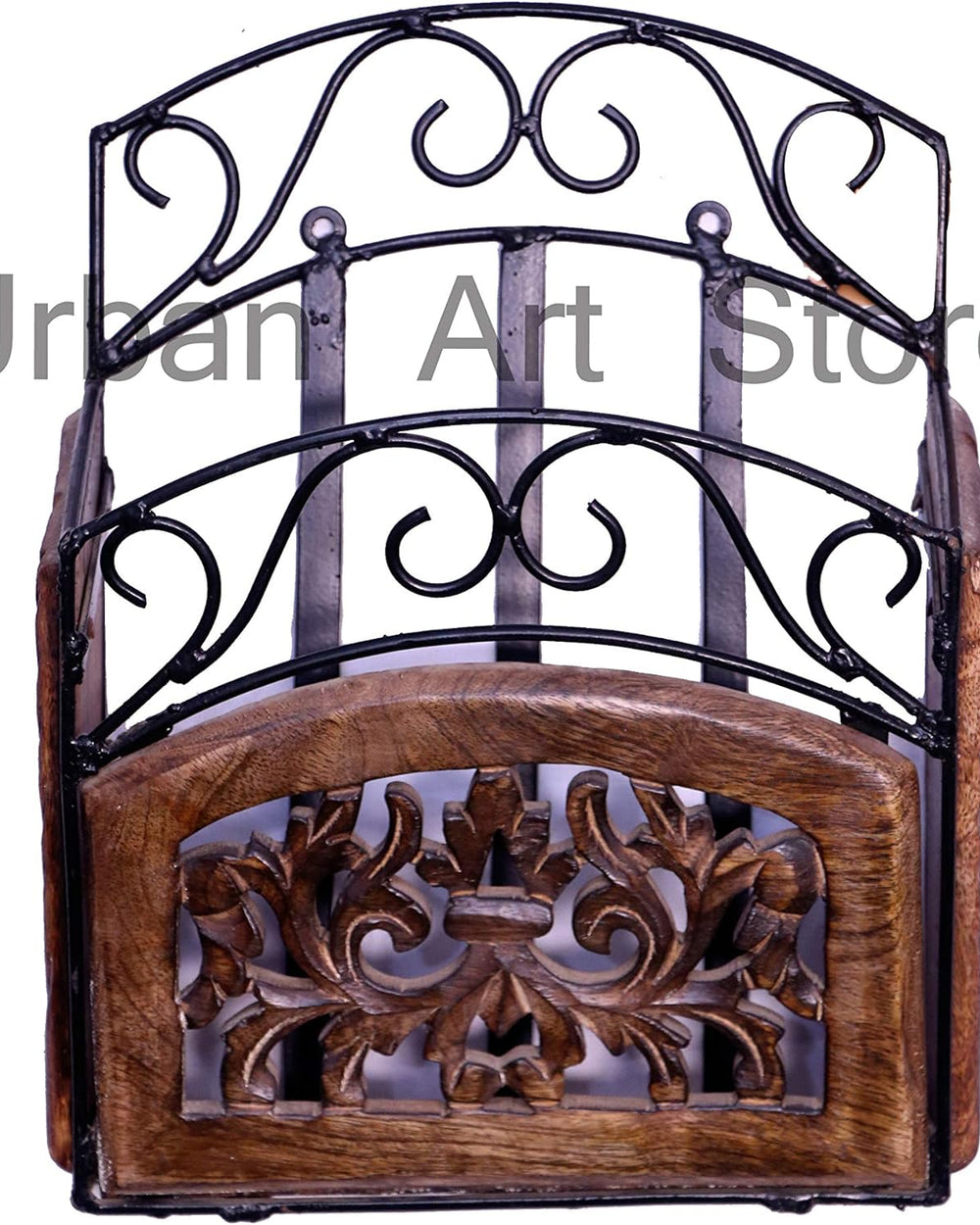 Wood and Wrought Iron Wall Mounted Magazine/Newspaper Holder Rack, Small, Brown, Black