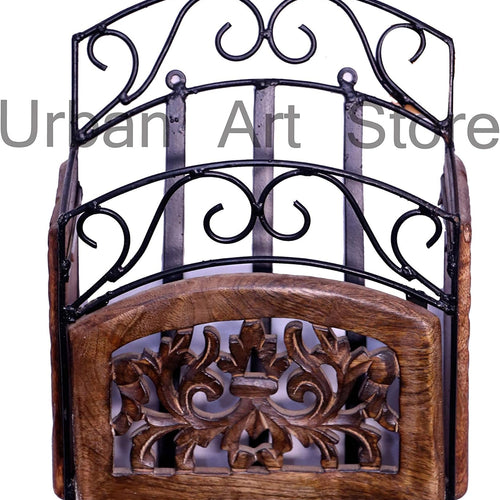 Wood and Wrought Iron Wall Mounted Magazine/Newspaper Holder Rack, Small, Brown, Black