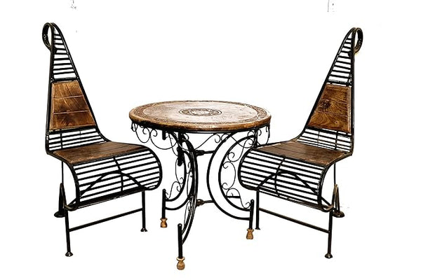 Wood & Wrought Iron Patio Furniture Set Garden & Outdoor/Indoor Furniture (Set of 3) - Brown & Black