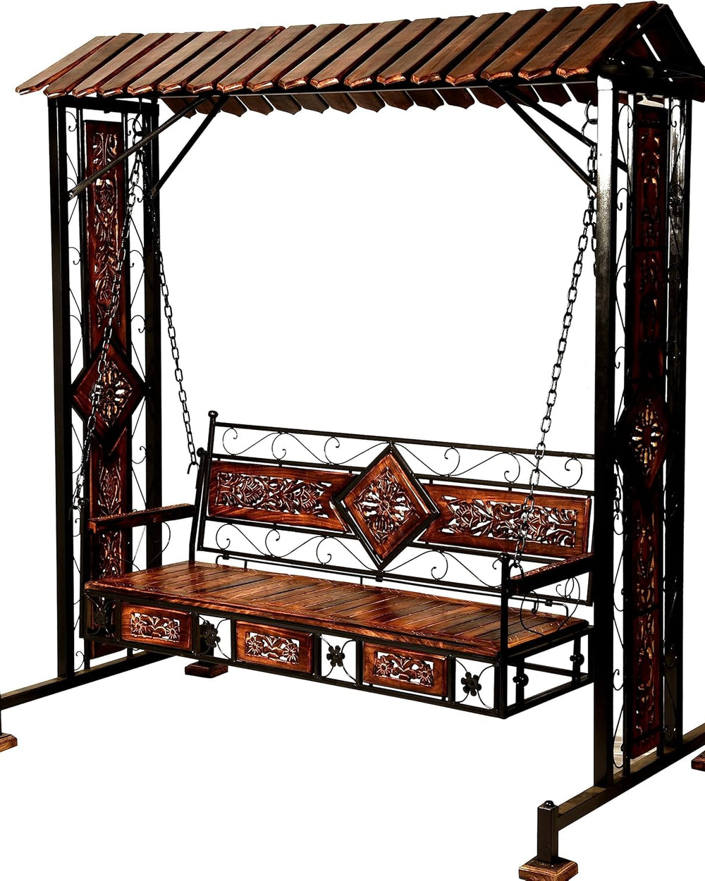 Solid Wood & Iron Garden,Balcony Swing, Hammock, Jhula, Cradle - 3 Seater (Brown & Black)