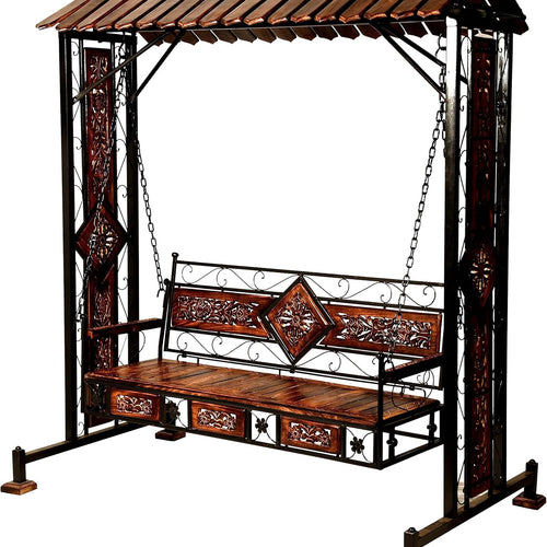 Solid Wood & Iron Garden,Balcony Swing, Hammock, Jhula, Cradle - 3 Seater (Brown & Black)