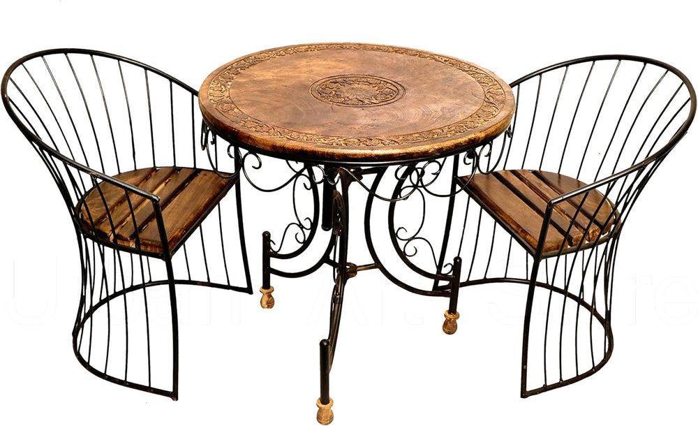 Wood & Wrought Iron Patio Furniture Set Garden & Outdoor/Indoor Furniture (Set Of 3)- Brown & Black, 56 Centimeters