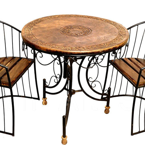 Wood & Wrought Iron Patio Furniture Set Garden & Outdoor/Indoor Furniture (Set Of 3)- Brown & Black, 56 Centimeters