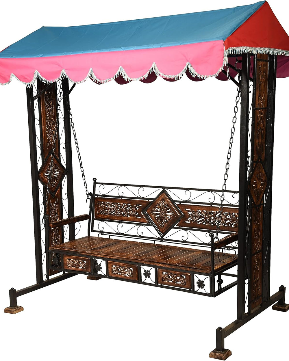 Wood Urban Art Store Swing/Jhula For Home & Garden 3 Seater With Canopy Roof & Stands Weght Capacity 400Kg+ (Smlbrf-003), 17 Inch
