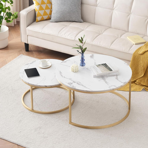 Marble Effect Coffee Table | Modern Round Coffee Table & Side Table | White Marble Effect & Gold Iron Frame