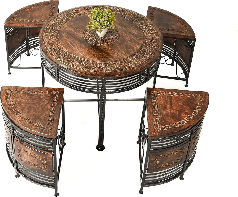 Urban Art Store Wood & Iron Coffee Table Set Centre Table With 4 Stools For Home Office Livingroom