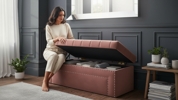 UA URBAN ART 3 Seater Wooden Ottoman Sofa with Storage – Tufted Multipurpose Bench for Living Room, Bedroom & Office (Pink)
