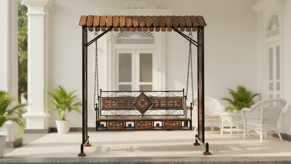 UA URBAN ART 3 Seater Solid Wood & Iron Swing Jhula | Outdoor Hammock Chair for Garden, Balcony & Patio